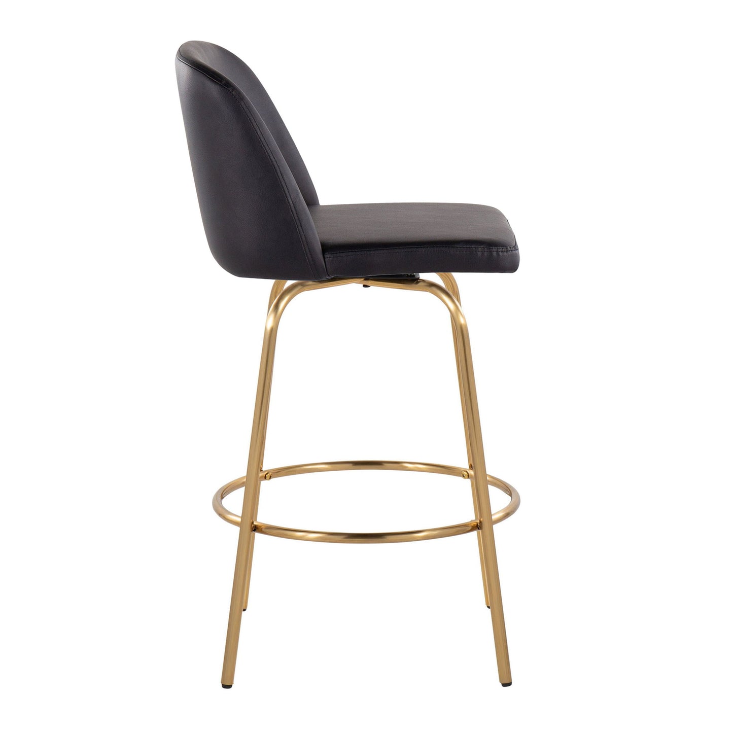 The Toriano Contemporary Counter Stool (Set of 2) features a black upholstered seat and backrest, swivel function, slender gold metal legs, and a round footrest, shown in side profile against a white background.
