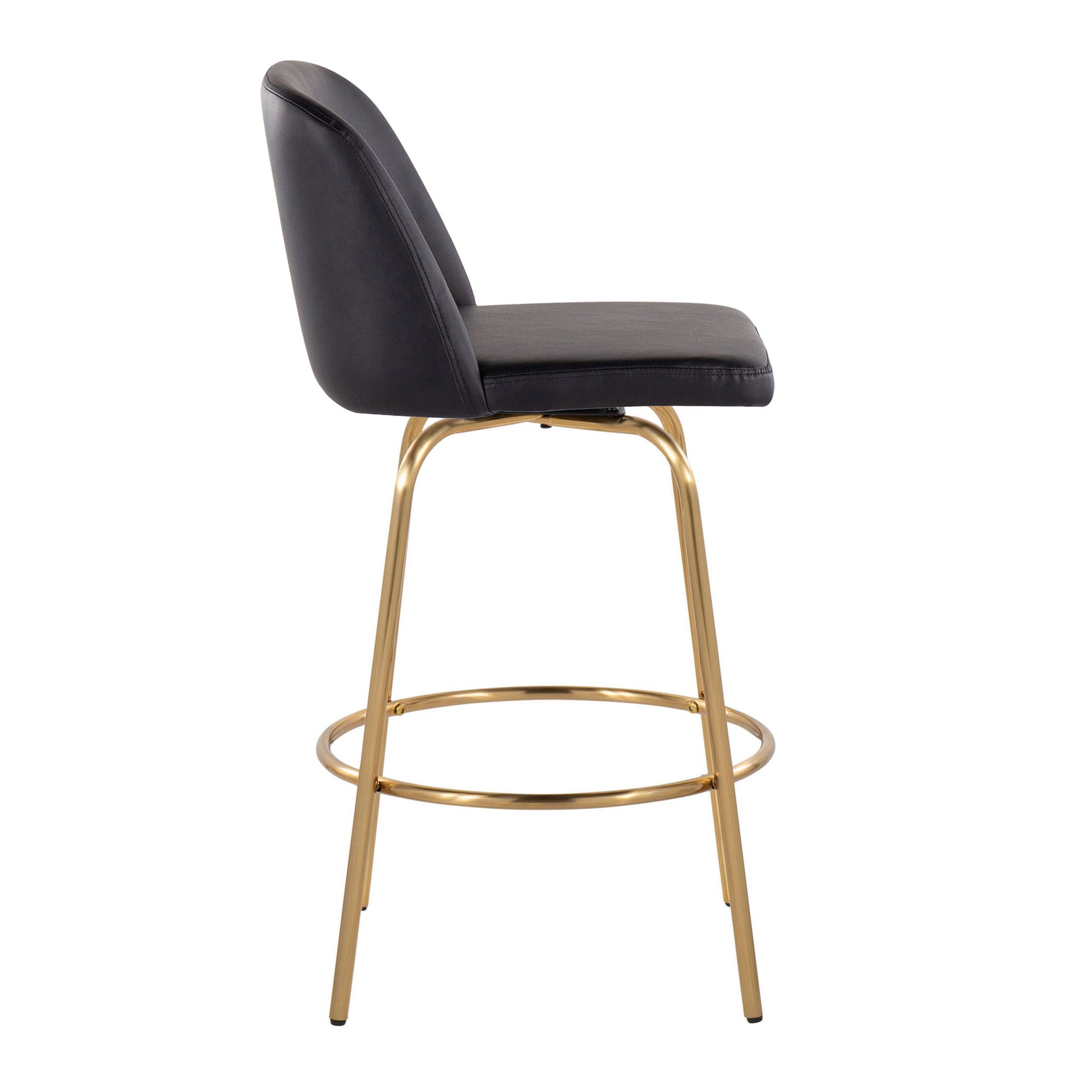 The Toriano Contemporary Counter Stool (Set of 2) features a black upholstered seat and backrest, swivel function, slender gold metal legs, and a round footrest, shown in side profile against a white background.
