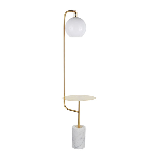 The Symbol Contemporary/Glam Floor Lamp Side Table features a round white globe shade, gold metal frame, small circular side table, and a cylindrical white marble base.
