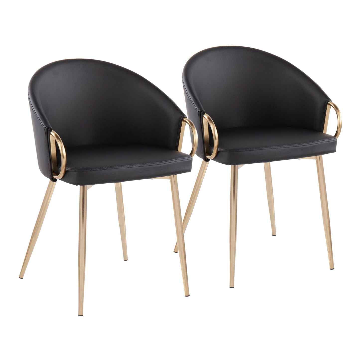 Two Claire - Contemporary Glam Chairs with black upholstered seats, curved backs, gold metal legs, and gold armrests are placed side by side on a white background.