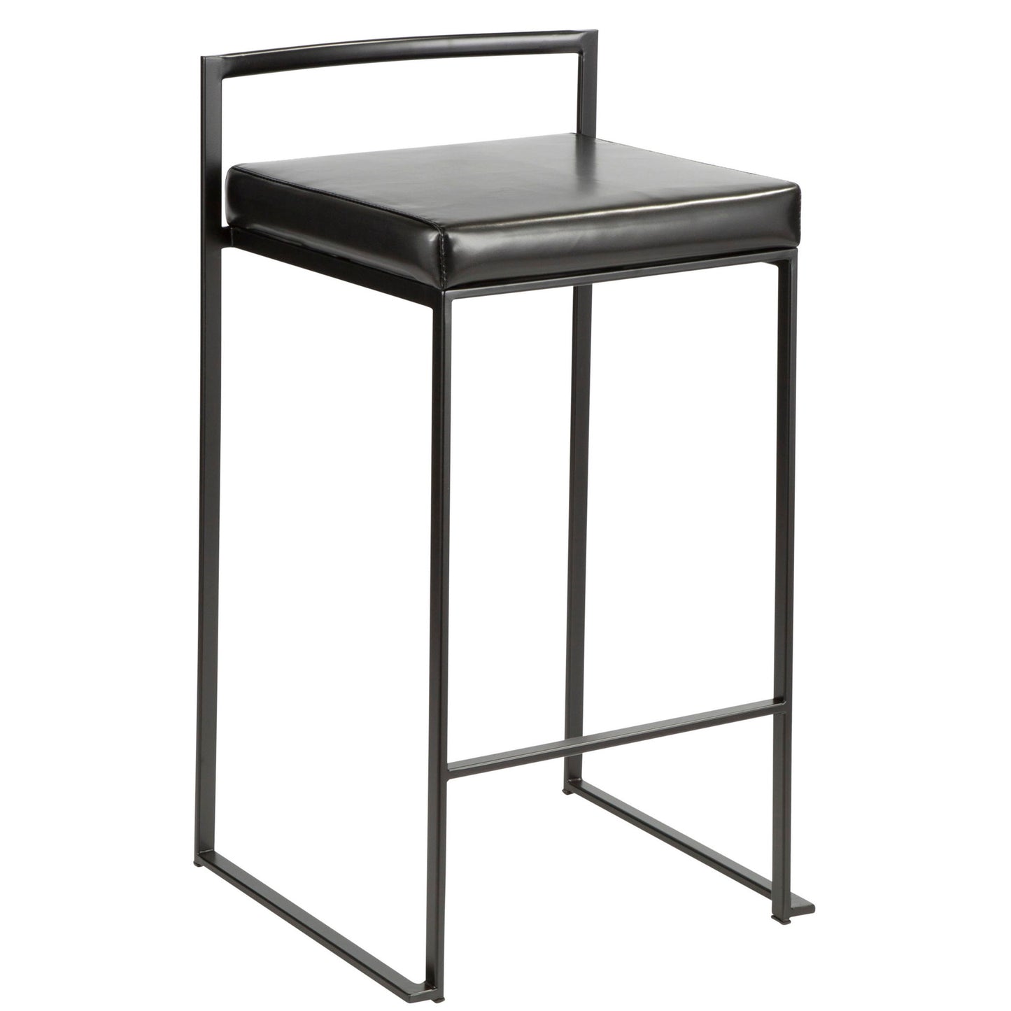 The Fuji Contemporary Style Stackable Counter Stool features a minimalist design with a black metal frame, low backrest, and square black cushioned seat—offering clean lines and no armrests for a modern look.