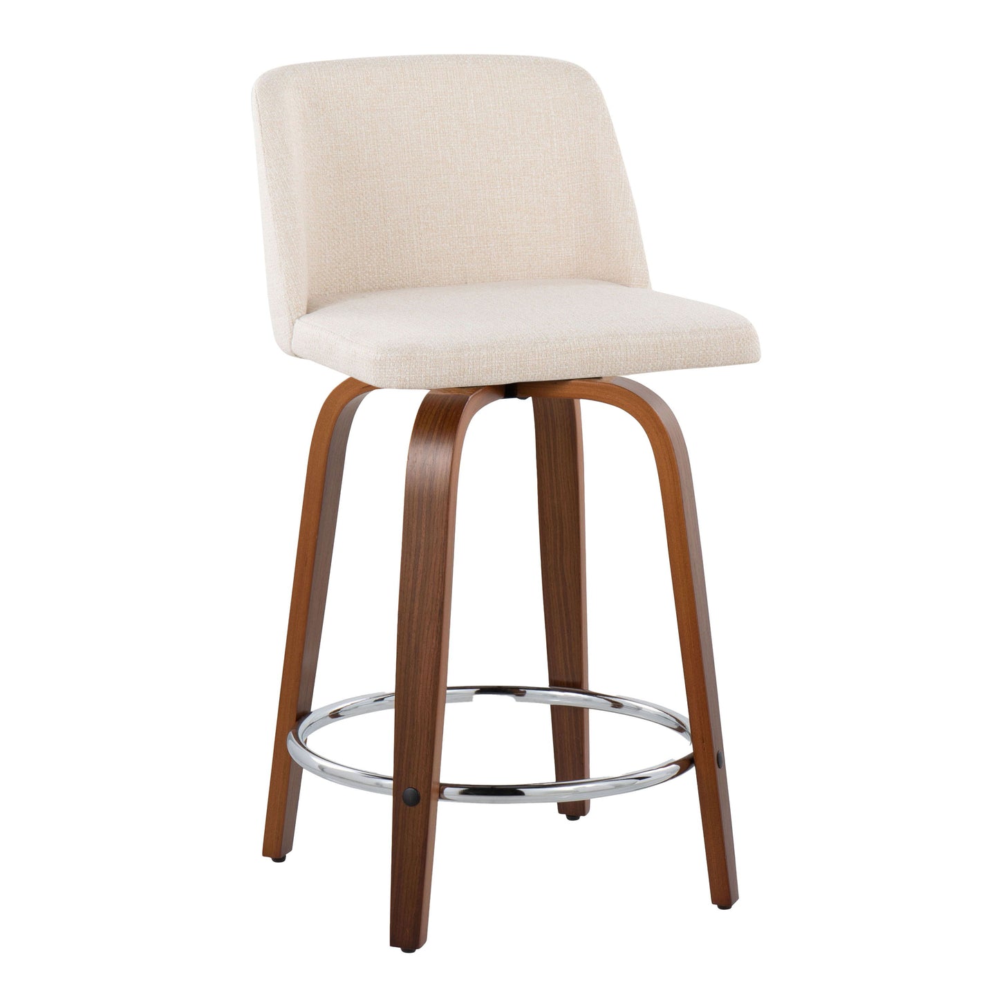 The Toriano counter stool set combines contemporary and classic elements with cushioned beige fabric seats, backrests, gently curved wooden legs, and circular metal footrests. This mid-century modern design offers a stylish appearance in fixed height with swivel functionality.