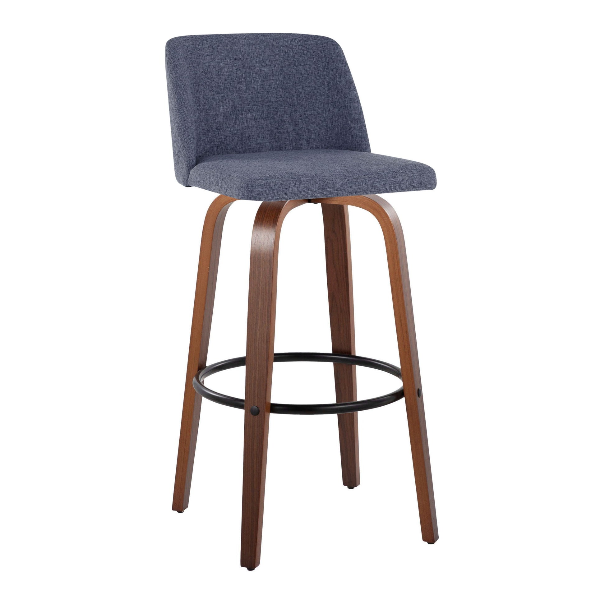 The Toriano Mid Century Modern Barstool set features a curved wooden frame, cushioned seat and backrest in gray fabric, and a metal round footrest. Set of 2.