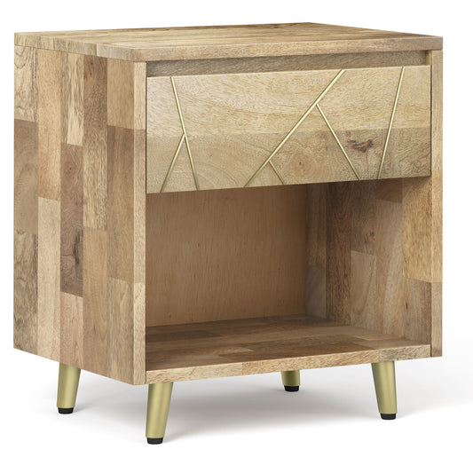 The Jager Bedside Table in natural wood features a single drawer with gold geometric accents, an open shelf, and angled gold legs. Its modern design is highlighted by a patchwork pattern in various natural tones.