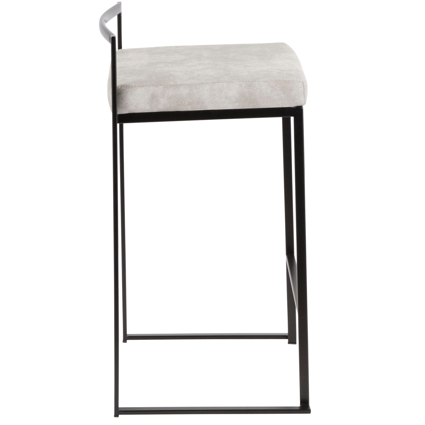 Side view of the Fuji - Contemporary Style Stackable Counter Stool featuring a thin black metal frame, square light gray cushioned seat, and minimalist curved backrest for a sleek, modern look.