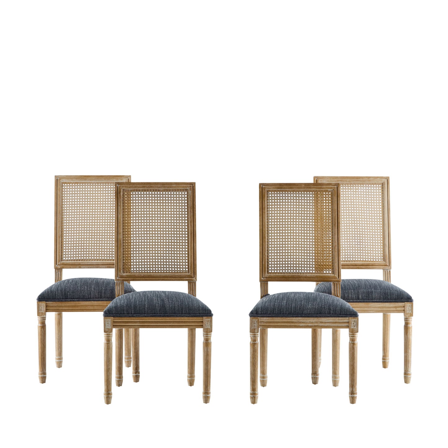 Four French Country Dining Chairs with rectangular cane backrests and smooth upholstered seats are arranged in two pairs against a white background.