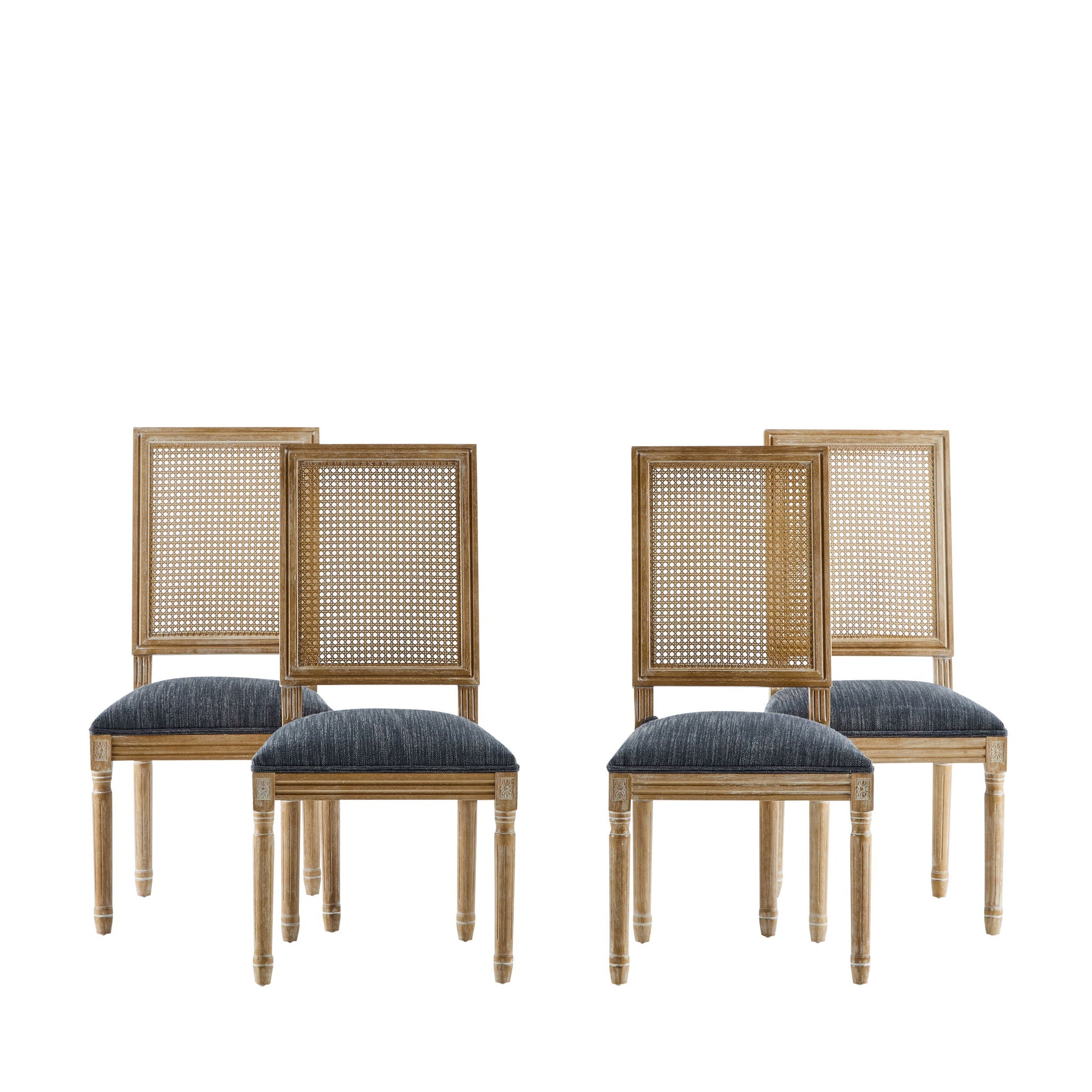 Four French Country Dining Chairs with rectangular cane backrests and smooth upholstered seats are arranged in two pairs against a white background.