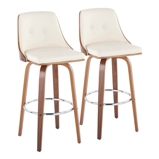 The Gianna Mid Century Modern Fixed Height Barstools (Set of 2) feature cream cushioned seats and backs, wooden frames and legs, and round chrome footrests, shown side by side on a white background.