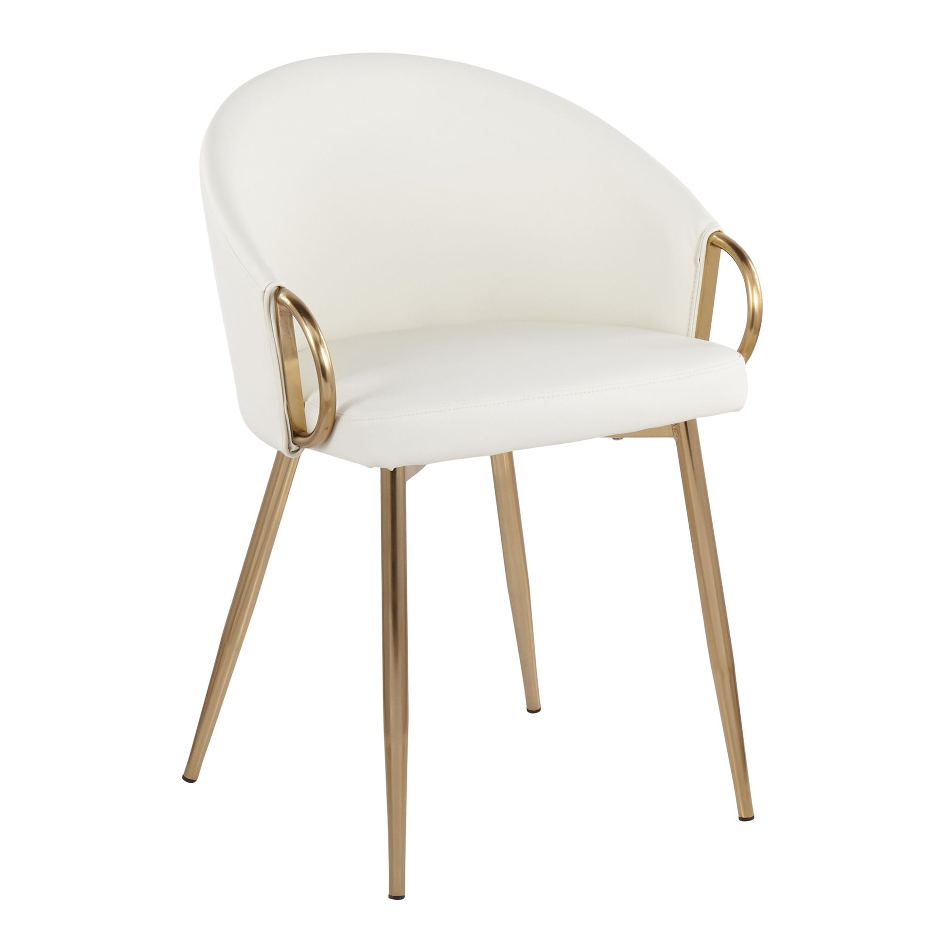 The Claire - Contemporary Glam Chair features a modern white design with a curved backrest, gold metal armrests, and four slender gold legs, showcased against a plain white background.