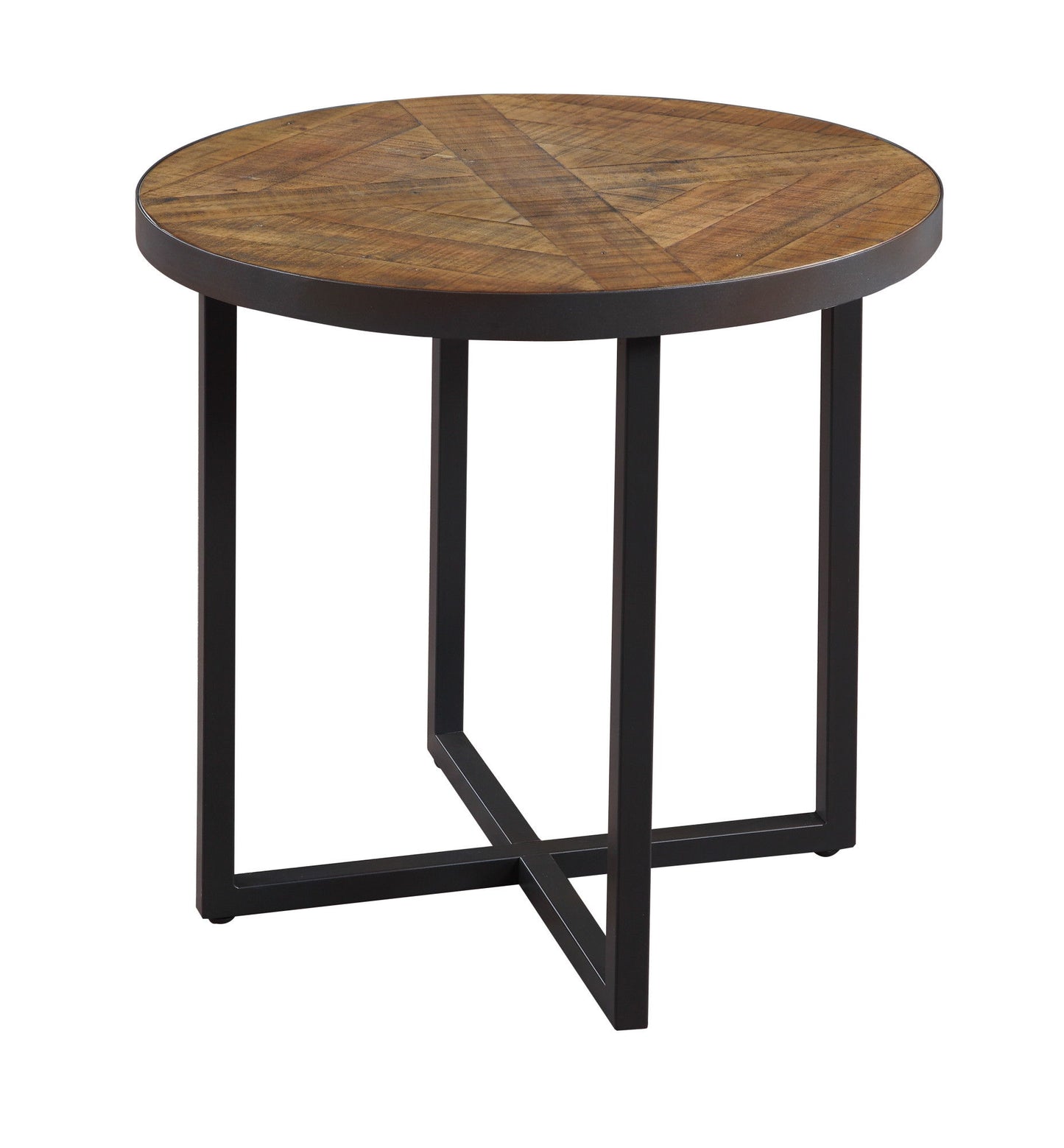 The Faro Round Table features a brown geometric wood top and a black metal frame with four legs arranged in an intersecting crisscross design at the base.