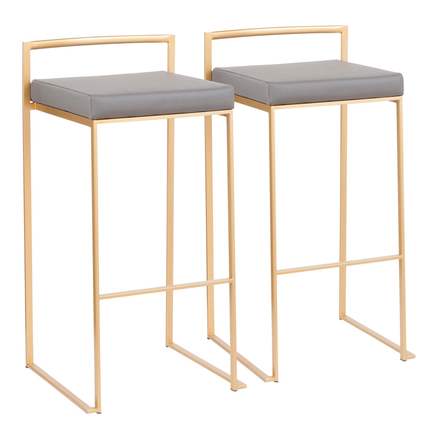 The Fuji barstool features a contemporary glam design with gold metal frames, square grey cushioned seats, minimalist matching backrests, and slim legs joined by horizontal supports for quality construction. Comes as a set of two.