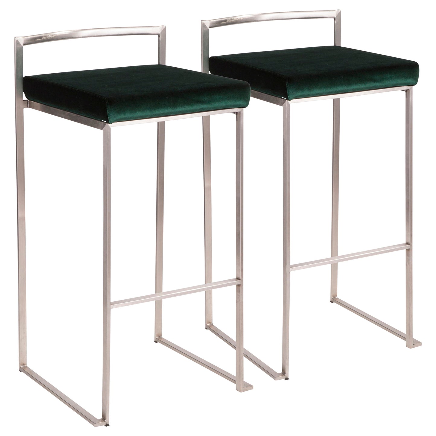 Two Fuji stackable barstools, featuring contemporary minimalist design with metal frames, dark green cushioned seats, and low rectangular backrests, are positioned side by side.