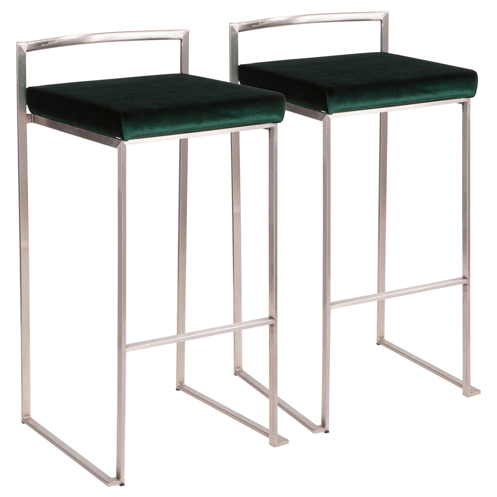 Two Fuji stackable barstools, featuring contemporary minimalist design with metal frames, dark green cushioned seats, and low rectangular backrests, are positioned side by side.