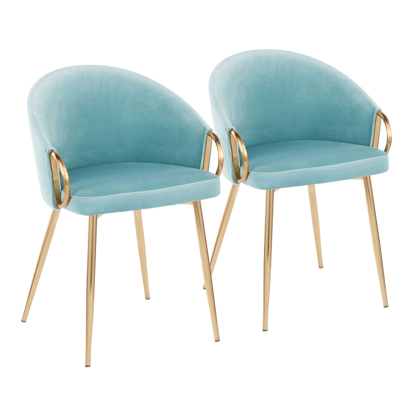 Two Claire - Contemporary Glam Chairs with light blue upholstery, curved backs, gold metal legs, and matching armrests are placed side by side on a white background.