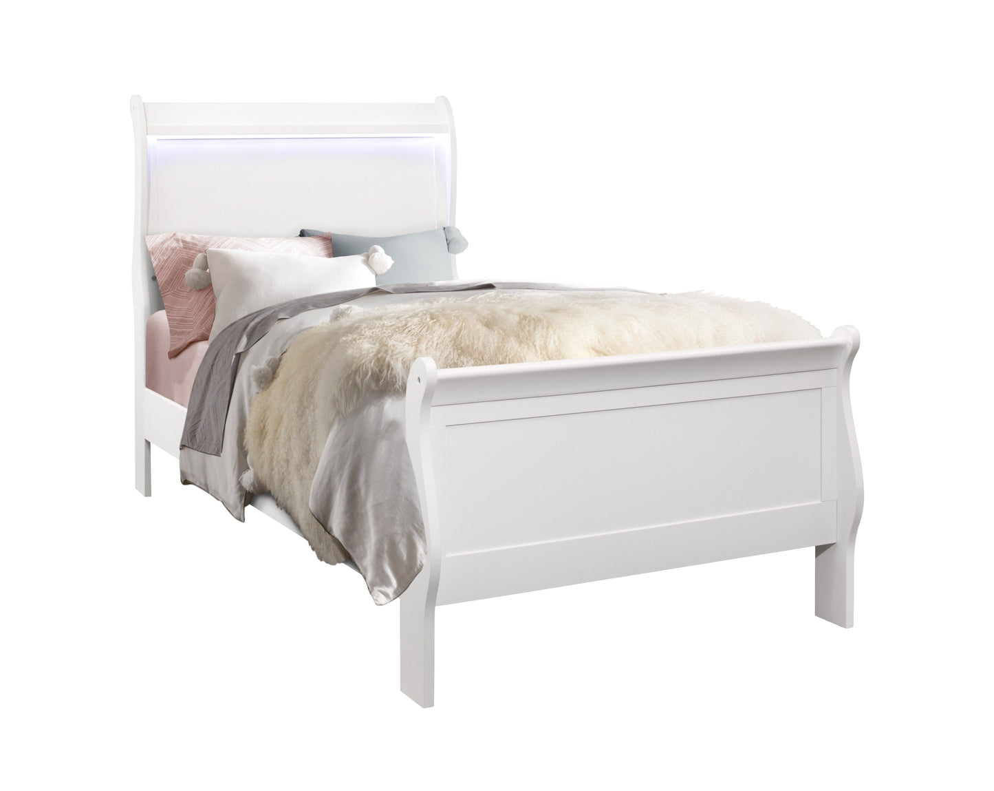 Charlston - Bed With LED features a white sleigh-style frame with a high headboard and footboard. It's styled with light pink, grey, and white bedding, throw pillows, and a beige faux fur blanket, displayed on a white background.