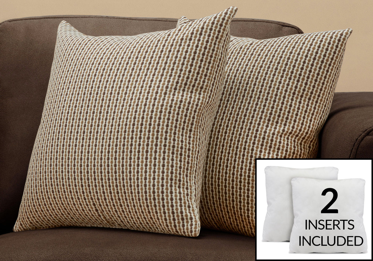 Two textured beige and brown decorative square throw pillows on a brown sofa. An inset shows the included hypoallergenic white inserts, with text: "2 inserts included.