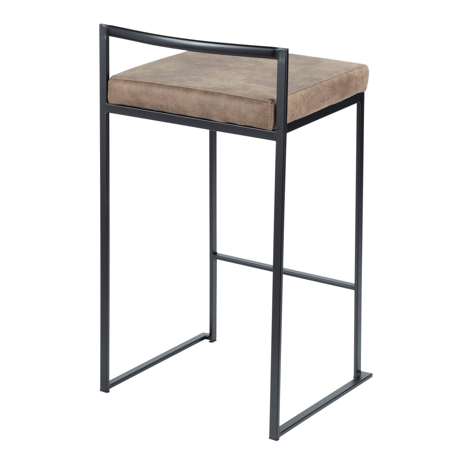 The Fuji - Contemporary Style Stackable Counter Stool features a minimalist black metal frame, a square brown cushioned seat, an open-sided design, a simple backrest, and a footrest bar near the base.