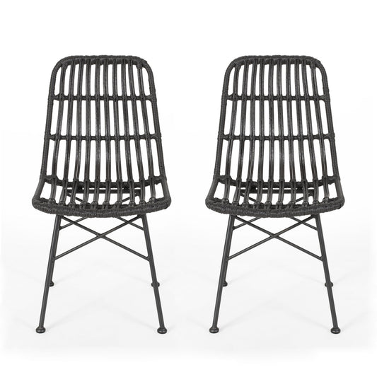 Two Sawtelle chairs with black frames and woven rattan-style seats and backs, supported by metal legs with cross supports, are placed side by side on a white background.