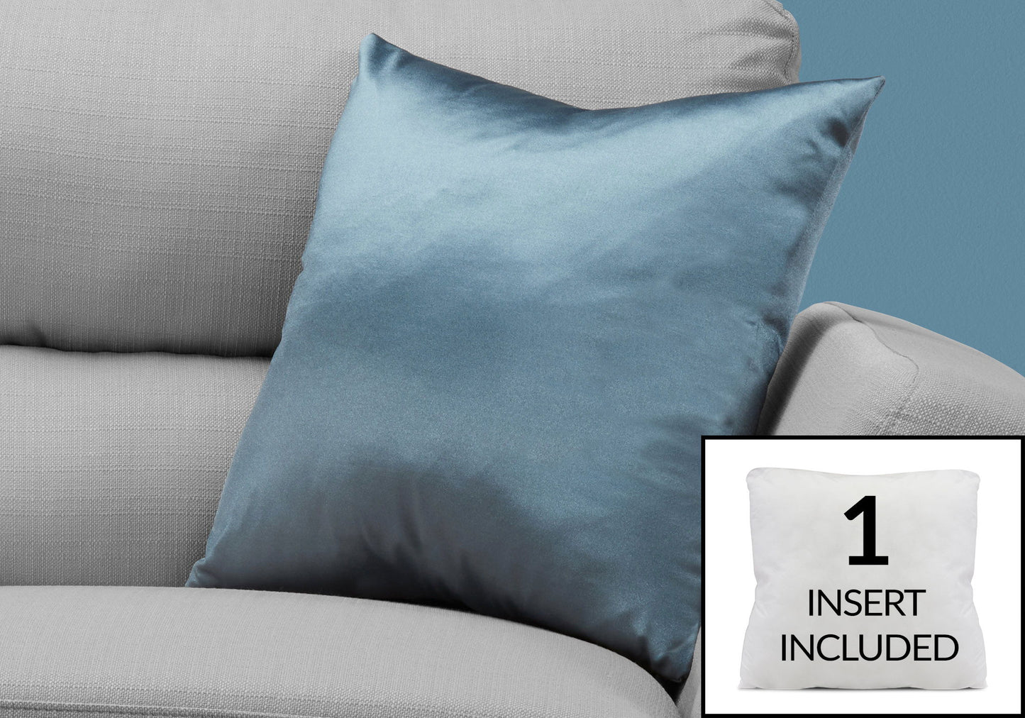 A light blue decorative throw pillow (hypoallergenic, modern, square) rests on a light gray sofa. Inset: a white insert labeled "1 INSERT INCLUDED.