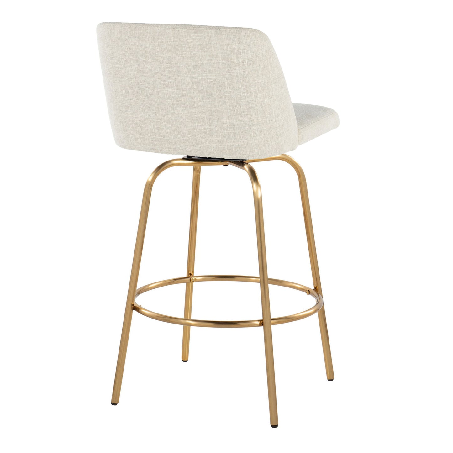 The Toriano set of 2 counter stools features a contemporary design with fixed height, swivel functionality, a light beige upholstered seat and backrest, gold metal legs, and a round footrest, shown from the rear against a white background.