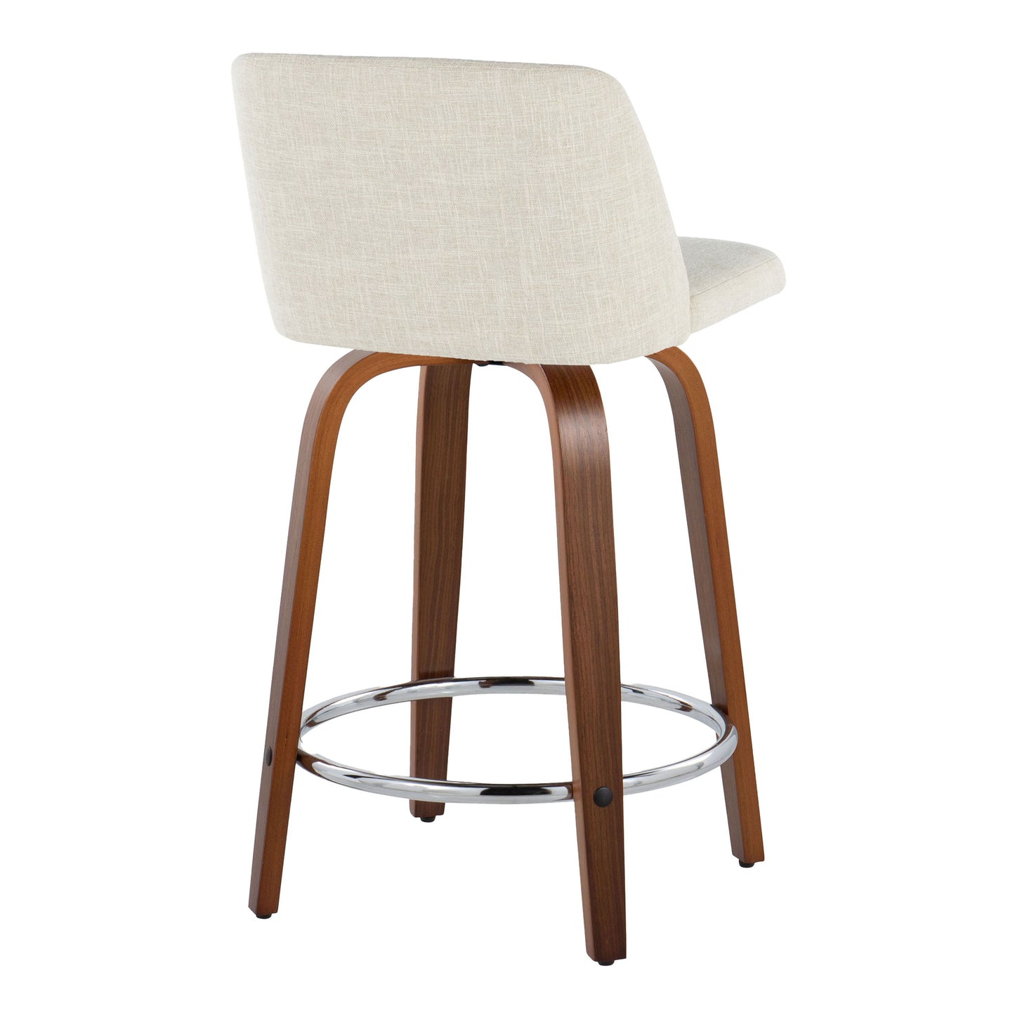 The Toriano set includes two mid-century modern counter stools featuring a beige upholstered seat and backrest, wooden frame with four curved legs, and a circular metal footrest, plus swivel functionality.