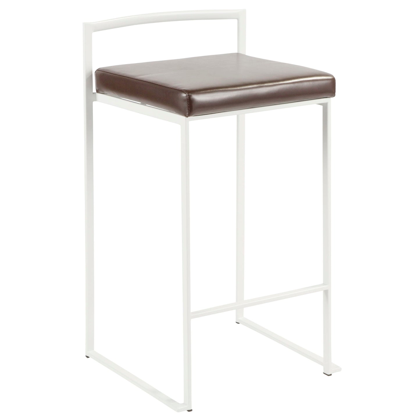 The Fuji - Simple Elegance Contemporary Stackable Counter Stool features a white metal frame, square brown cushioned seat, minimalist design, low backrest, and straight legs—perfect for modern spaces.