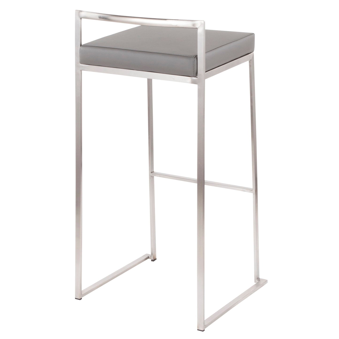 The Fuji Stackable Barstool features a sleek metal frame, rectangular gray cushioned seat, minimalist low backrest, and footrest bar. Its contemporary and elegant design showcases clean, straight lines for modern appeal.