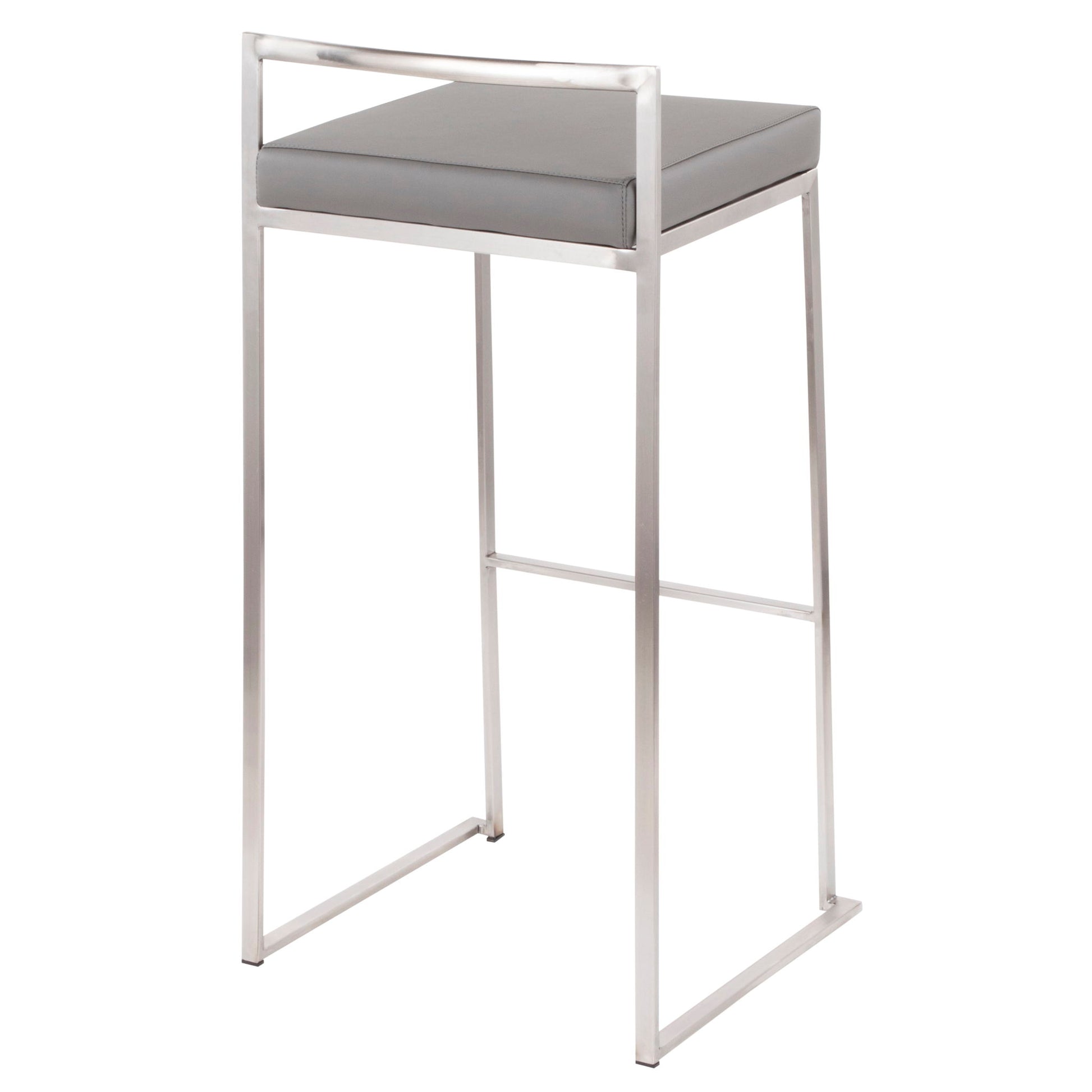 The Fuji Stackable Barstool features a sleek metal frame, rectangular gray cushioned seat, minimalist low backrest, and footrest bar. Its contemporary and elegant design showcases clean, straight lines for modern appeal.