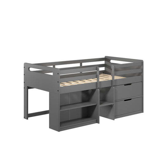 The Fabiana Twin Loft Bed With Storage in gray features guard rails, open shelves, and two built-in drawers underneath. The elevated design provides extra storage space. Mattress not included. Shown against a white background.