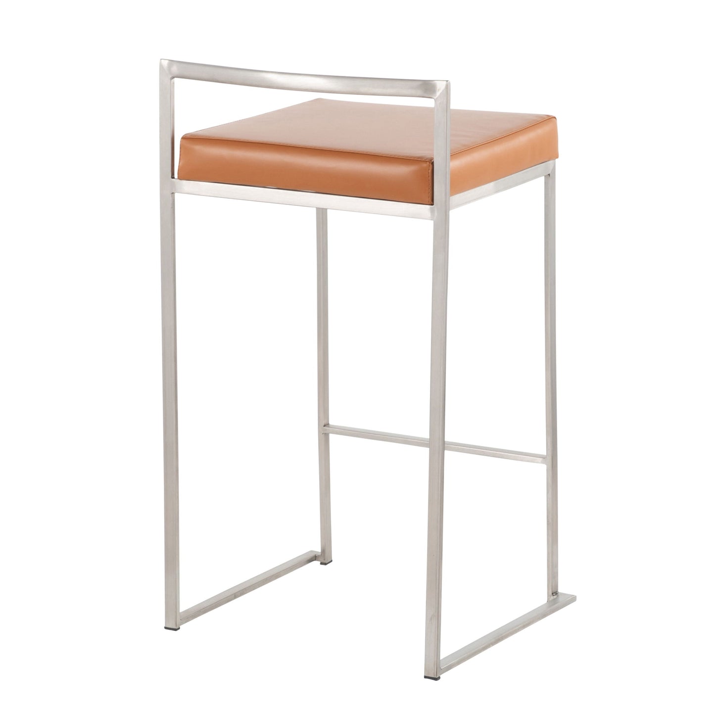 The Fuji Contemporary Elegant Stackable Counter Stool Set features a sleek silver metal frame, square tan cushioned seat, and minimalist open-back design for a modern touch.