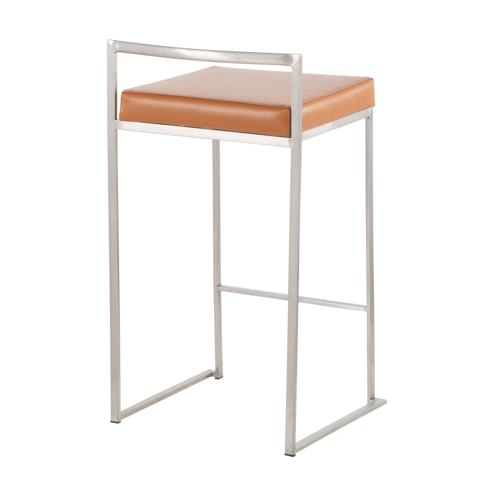 The Fuji Contemporary Elegant Stackable Counter Stool Set features a sleek silver metal frame, square tan cushioned seat, and minimalist open-back design for a modern touch.