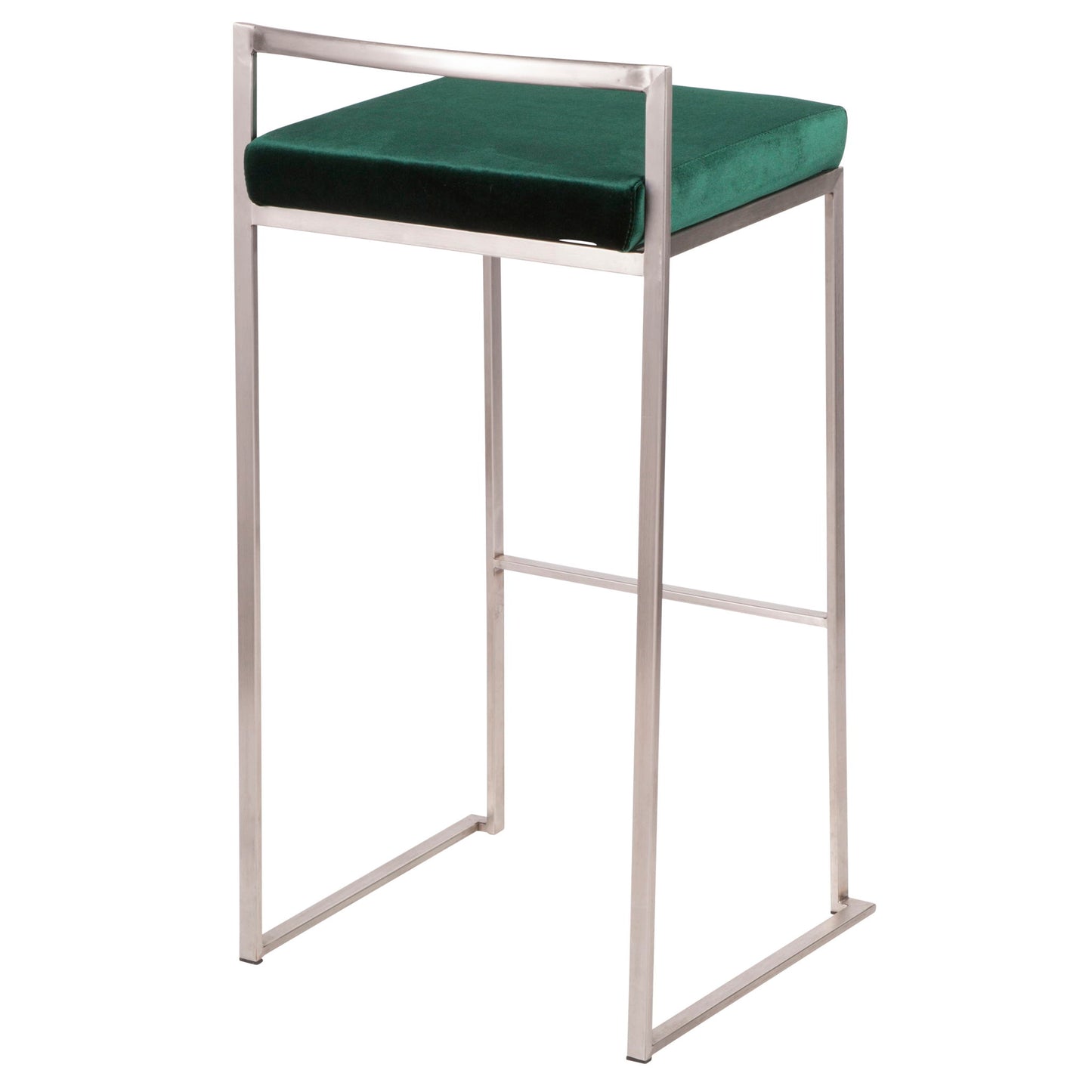 The Fuji Barstool features a contemporary, elegant design with a minimalist metal frame, green upholstered seat, sleek rectangular shape, and is stackable with no backrest or armrests.