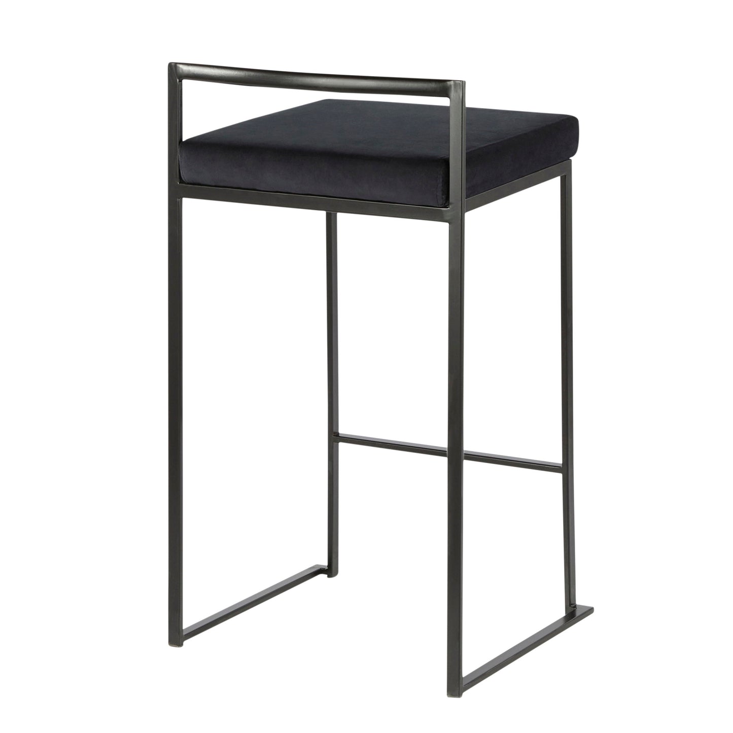 The Fuji - Contemporary Style Stackable Counter Stool features a minimalist black metal frame, a rectangular black fabric cushioned seat, low backrest, and open sides for a sleek modern look.