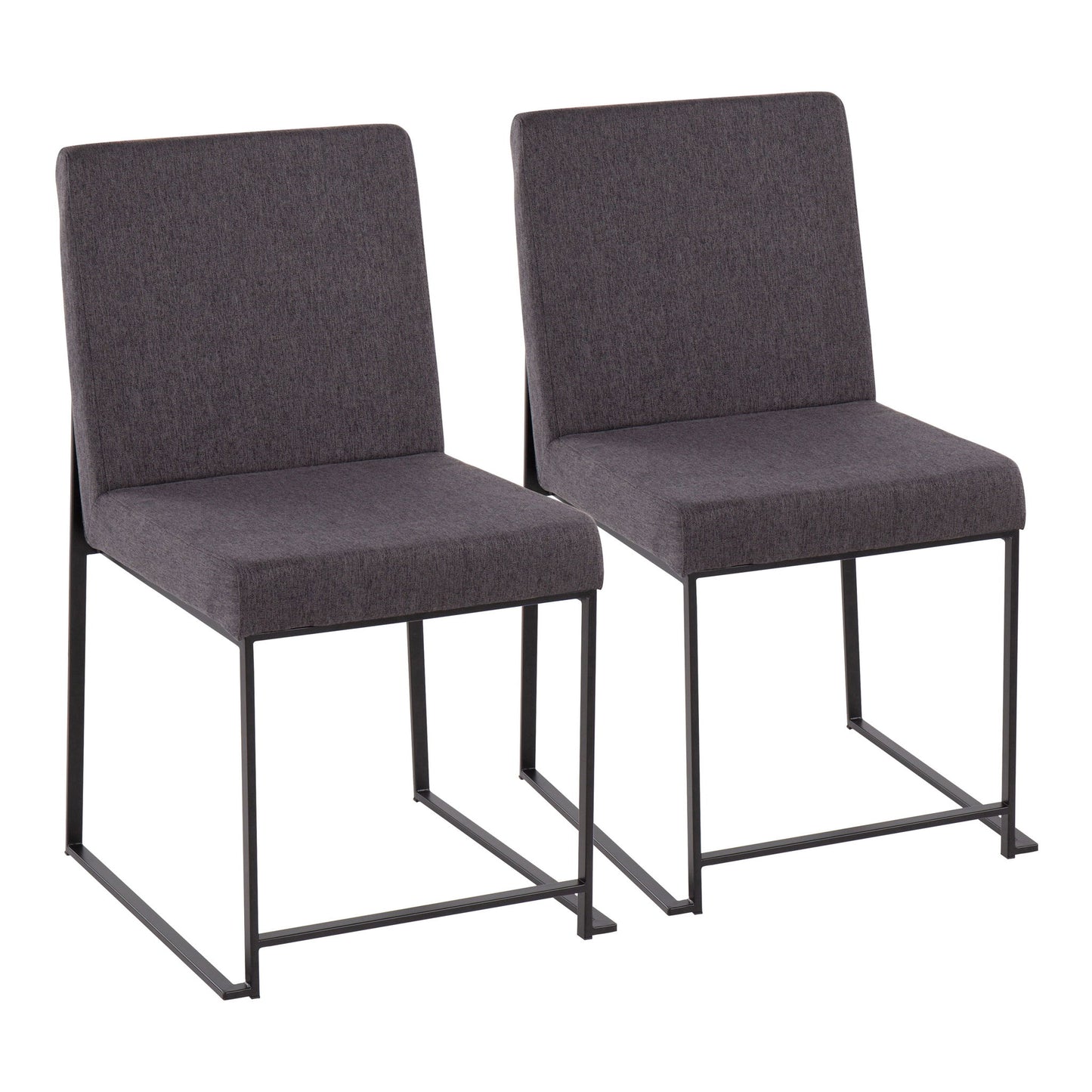 The Fuji set of 2 dining chairs features contemporary modern elegance with high backs, dark gray upholstered seats and backs, and sleek black metal sled-style legs, shown side by side against a white background.