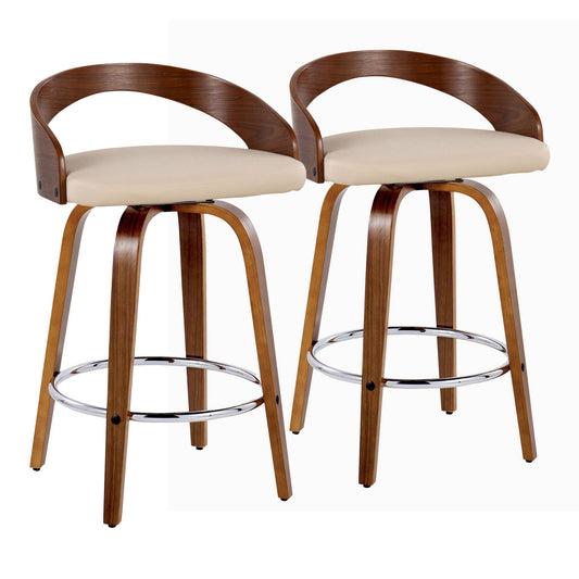 The Grotto set includes two mid-century modern counter stools with fixed height, swivel seats, curved wooden backs, beige cushions, wood legs, and a round chrome footrest for a sleek, contemporary look.