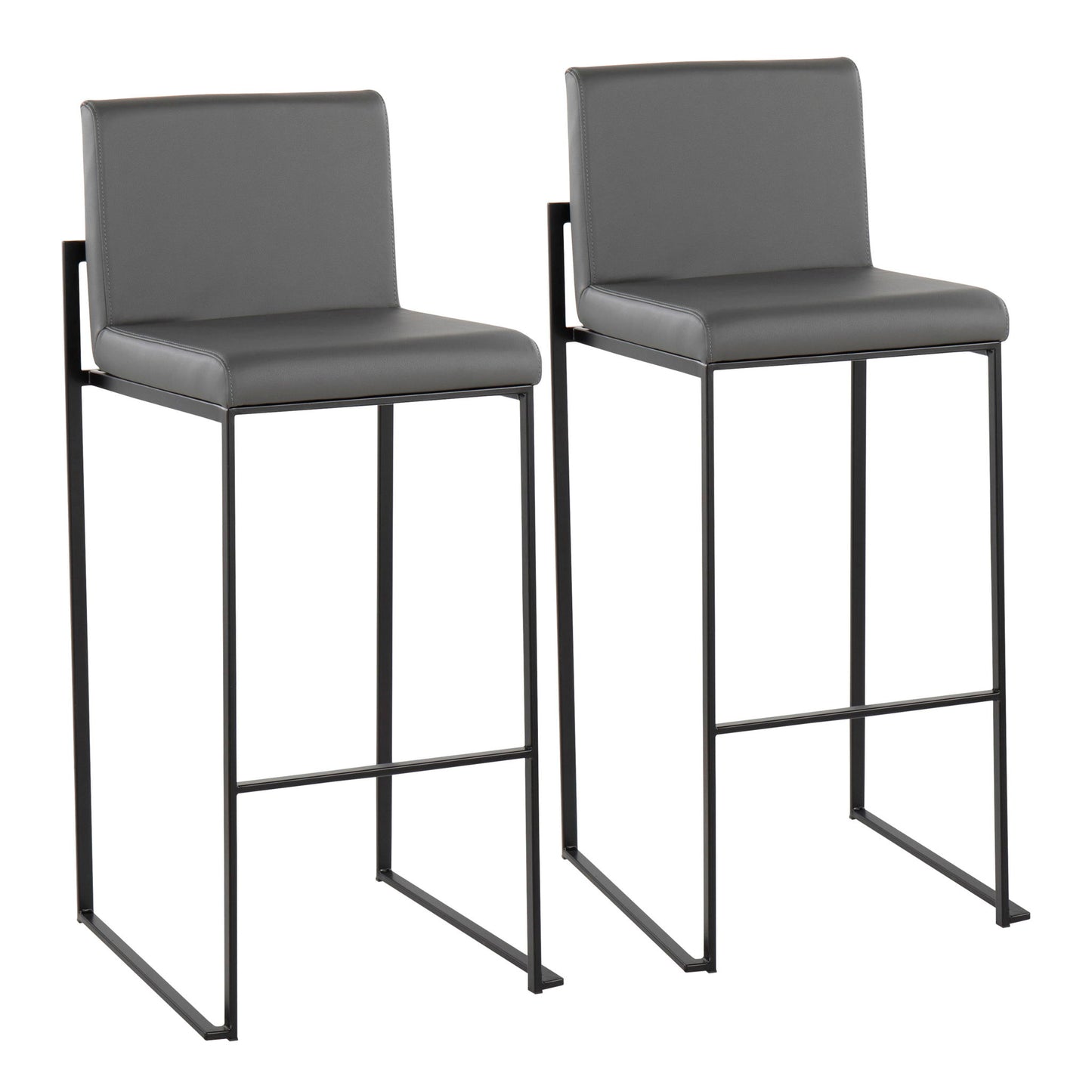 The Fuji Contemporary High Back Barstool features two elegant modern stools with dark gray upholstered seats and backs on black metal frames with footrests, offering a sleek minimalist and contemporary design.