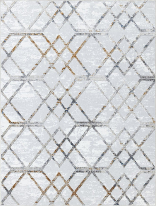 The Nova - GC_SOH9001 Area Rug features overlapping geometric shapes—diamonds and hexagons—in gray, white, and gold tones for a modern, textured look.