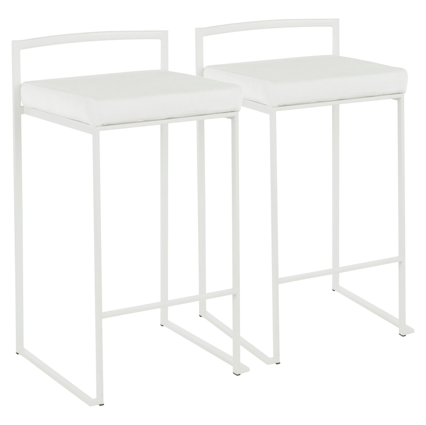 The Fuji - Simple Elegance Contemporary Stackable Counter Stools feature modern white square padded seats and minimalist metal frames, displayed side by side against a white background.