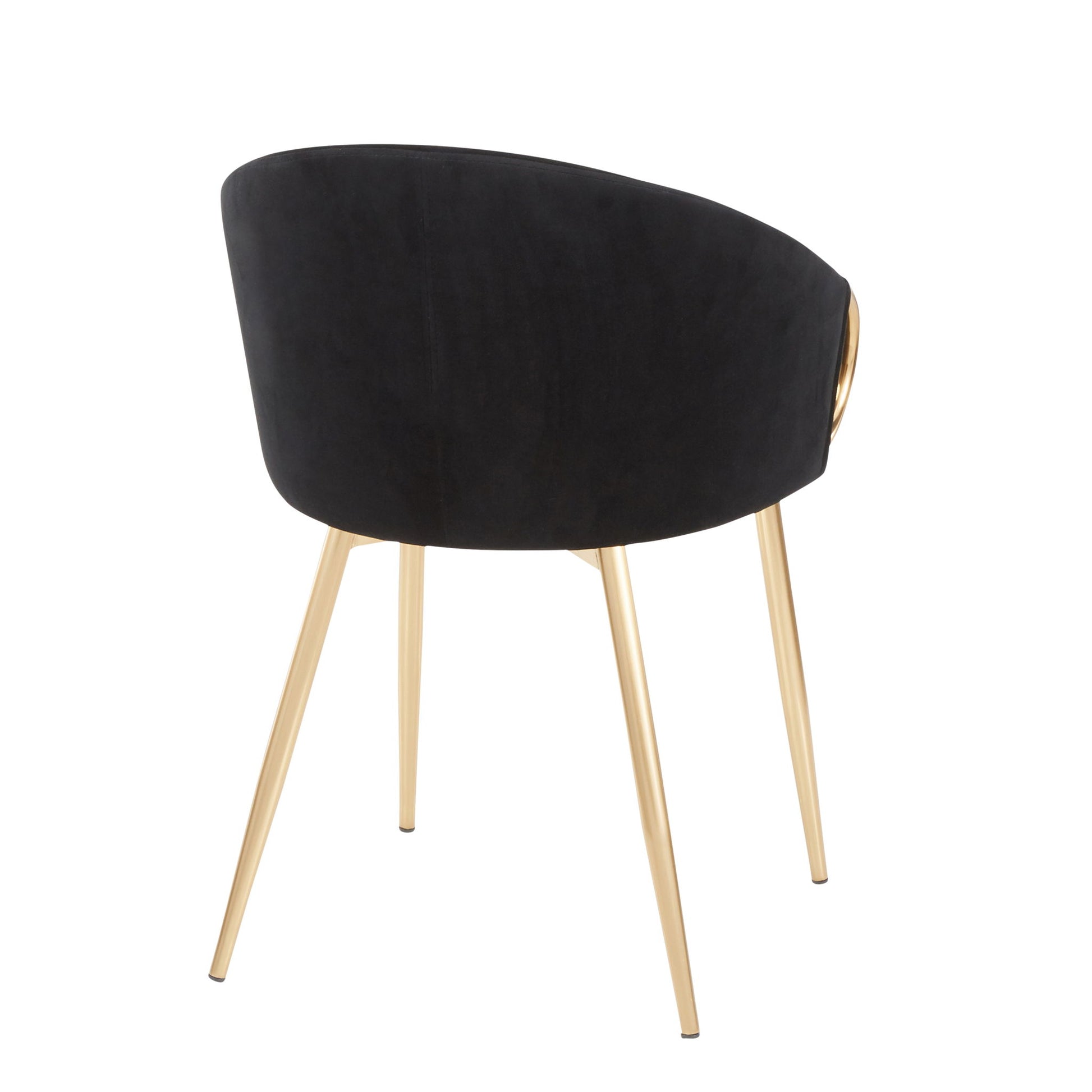 The Claire - Contemporary Glam Chair features a curved black upholstered backrest and seat with four slim, angled gold metal legs, shown from the rear.