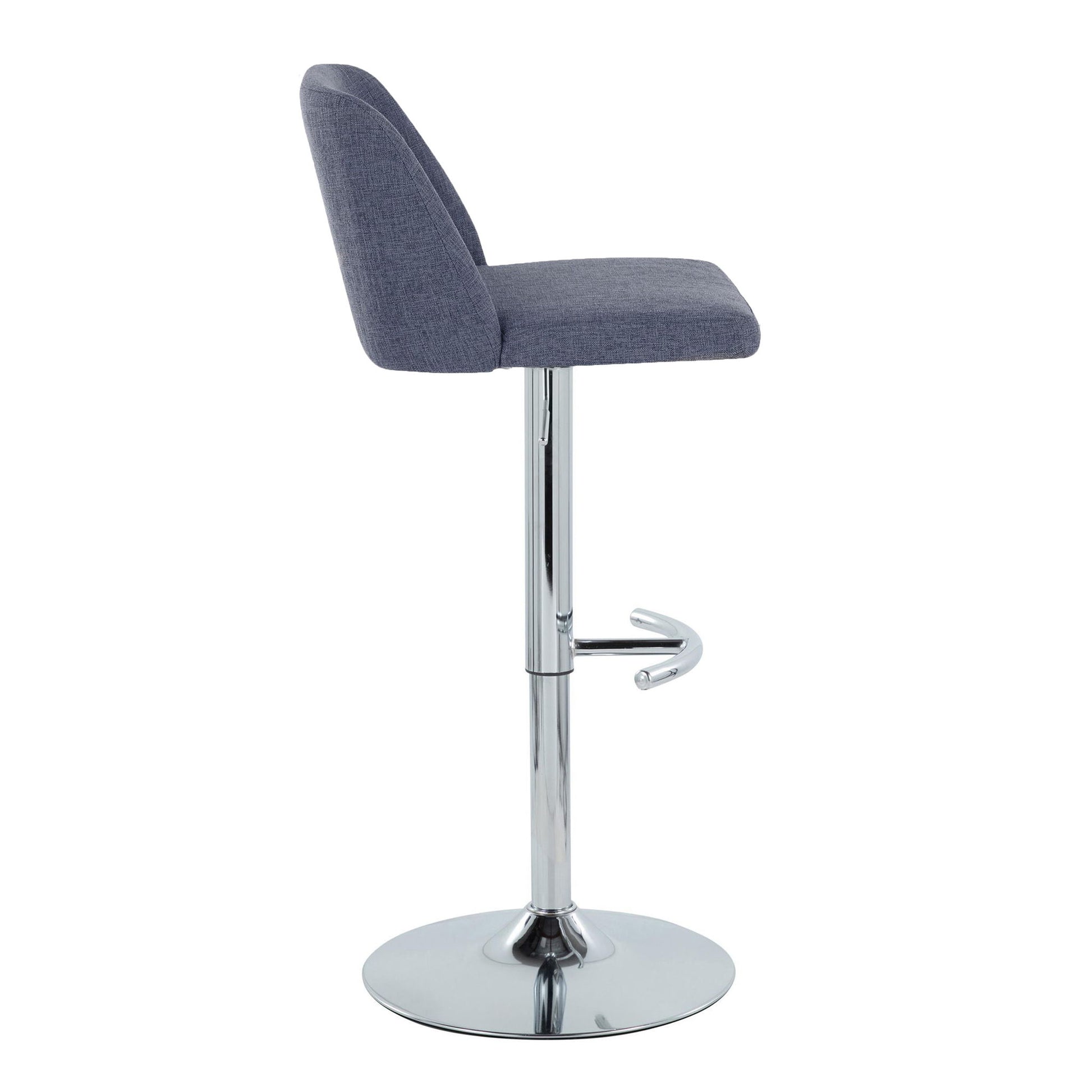 The Toriano Contemporary Adjustable Barstool (Set of 2) features a grey cushioned seat and backrest, chrome metal base, swivel design, and rounded T footrest. Shown from the side on a white background.