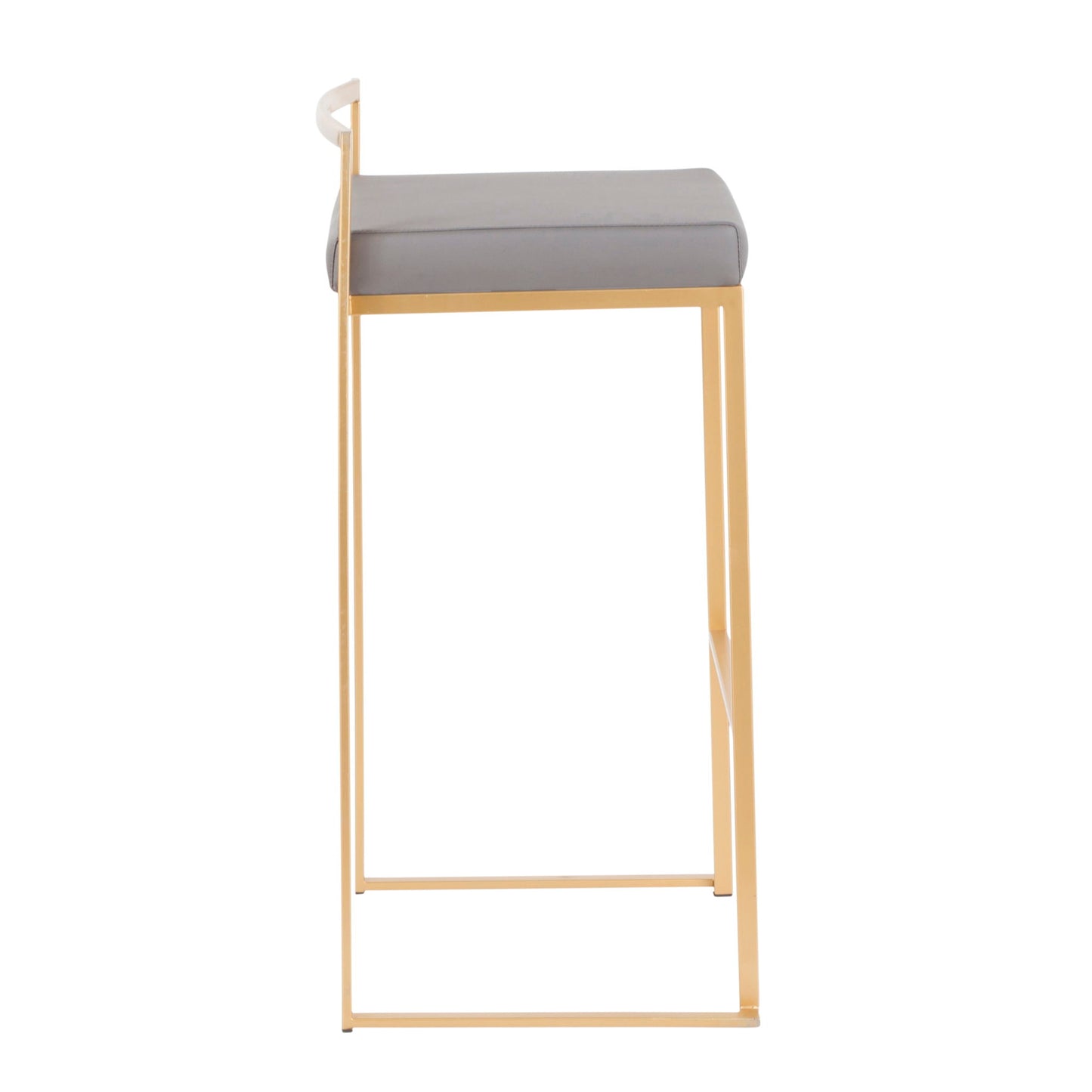 Side view of the Fuji barstool, featuring a gold metal frame and a square, light gray cushioned seat. Its minimalist design includes a thin backrest bar that curves slightly at the top for contemporary glam style.