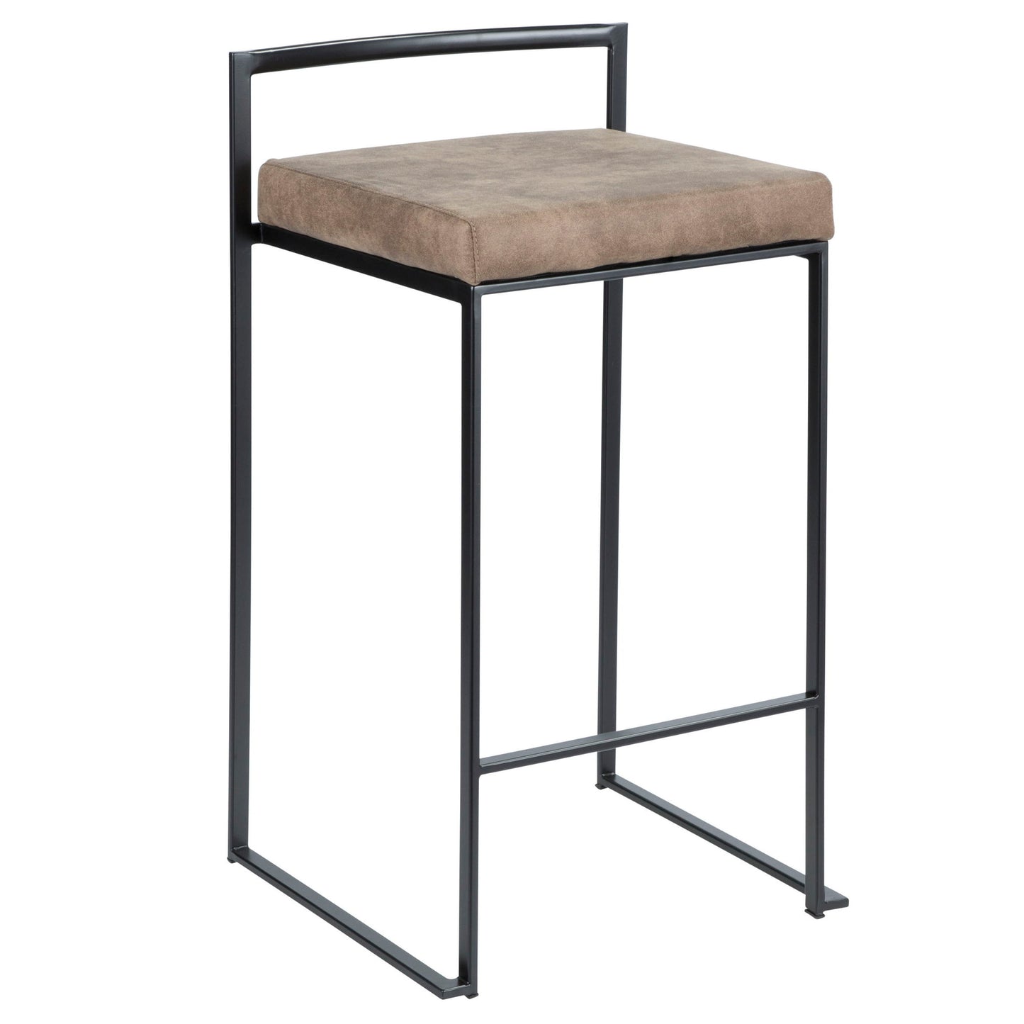 The Fuji - Contemporary Style Stackable Counter Stool features a black metal frame, square cushioned seat in light brown fabric, minimalist design, low backrest, and footrest.