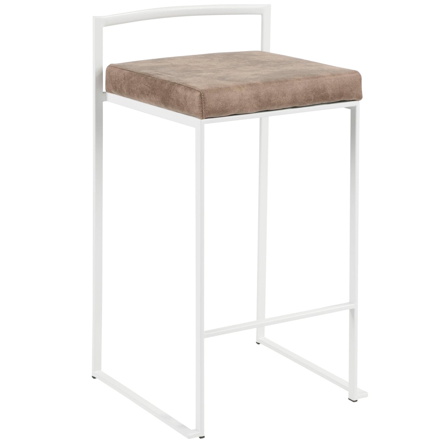 The Fuji – Simple Elegance, Contemporary Stackable Counter Stool features a white metal frame, square base, cushioned brown seat, minimalist design with clean lines, and an open backrest.