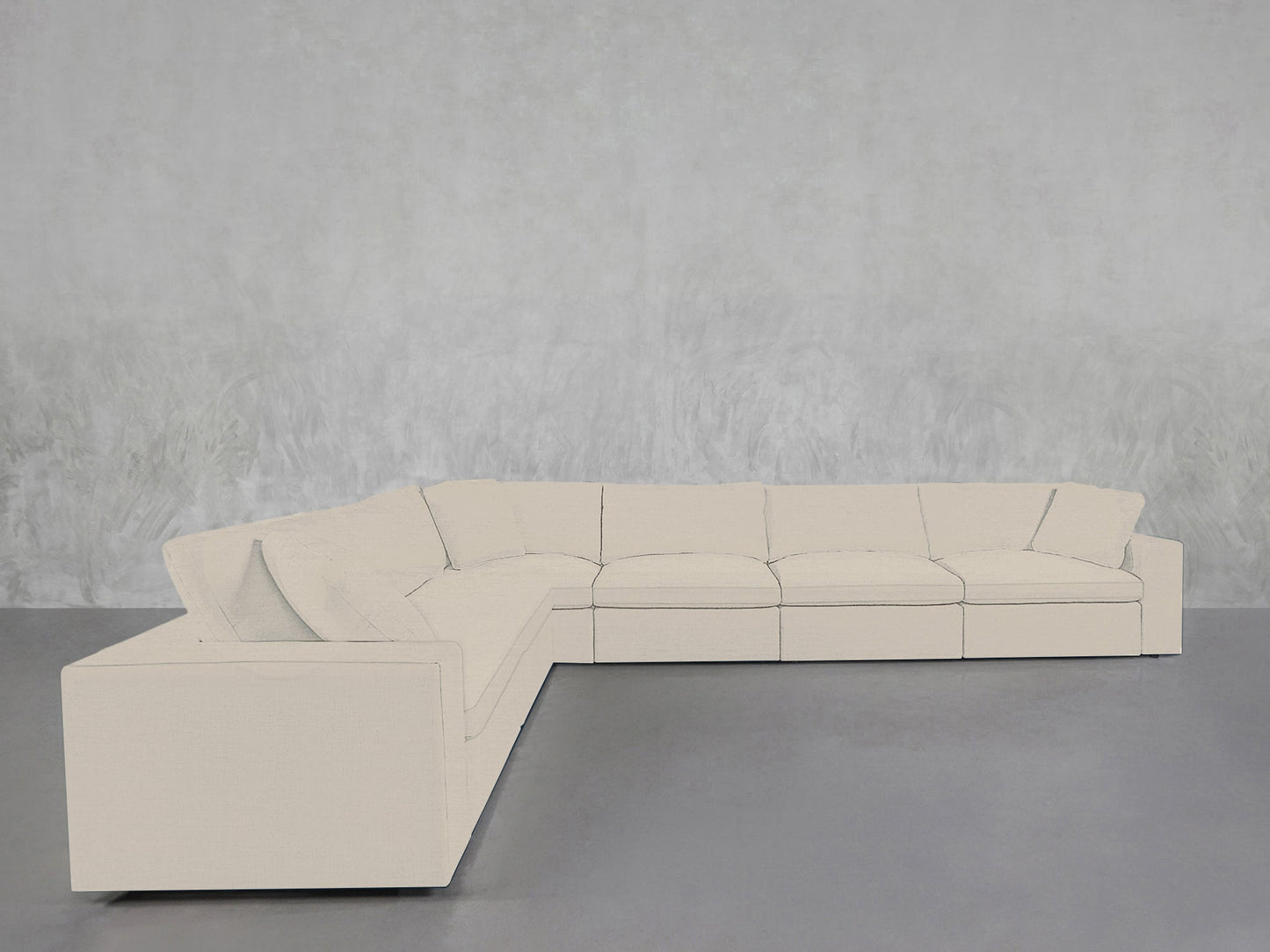 A 6-Seat Modular Corner Sectional with clean lines in beige sits on a smooth gray floor by a textured light gray wall, creating a minimalistic and uncluttered space.