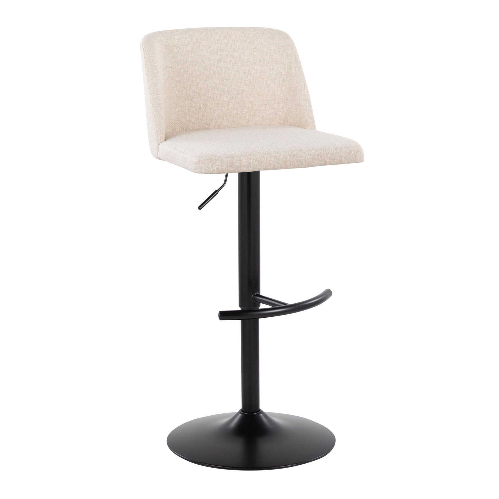 The Toriano Contemporary Adjustable Bar Stool (Set of 2) features beige upholstery, a low backrest, black pedestal base, rounded T footrest, and a height adjustment lever for modern style and comfort.