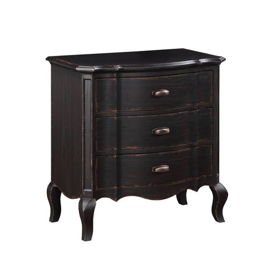 The Chelmsford Nightstand features a classic and modern design with dark wood, three curved front drawers, vintage-style metal handles, and elegant curved legs. Its slightly distressed finish creates an elegant antique effect against a white background.