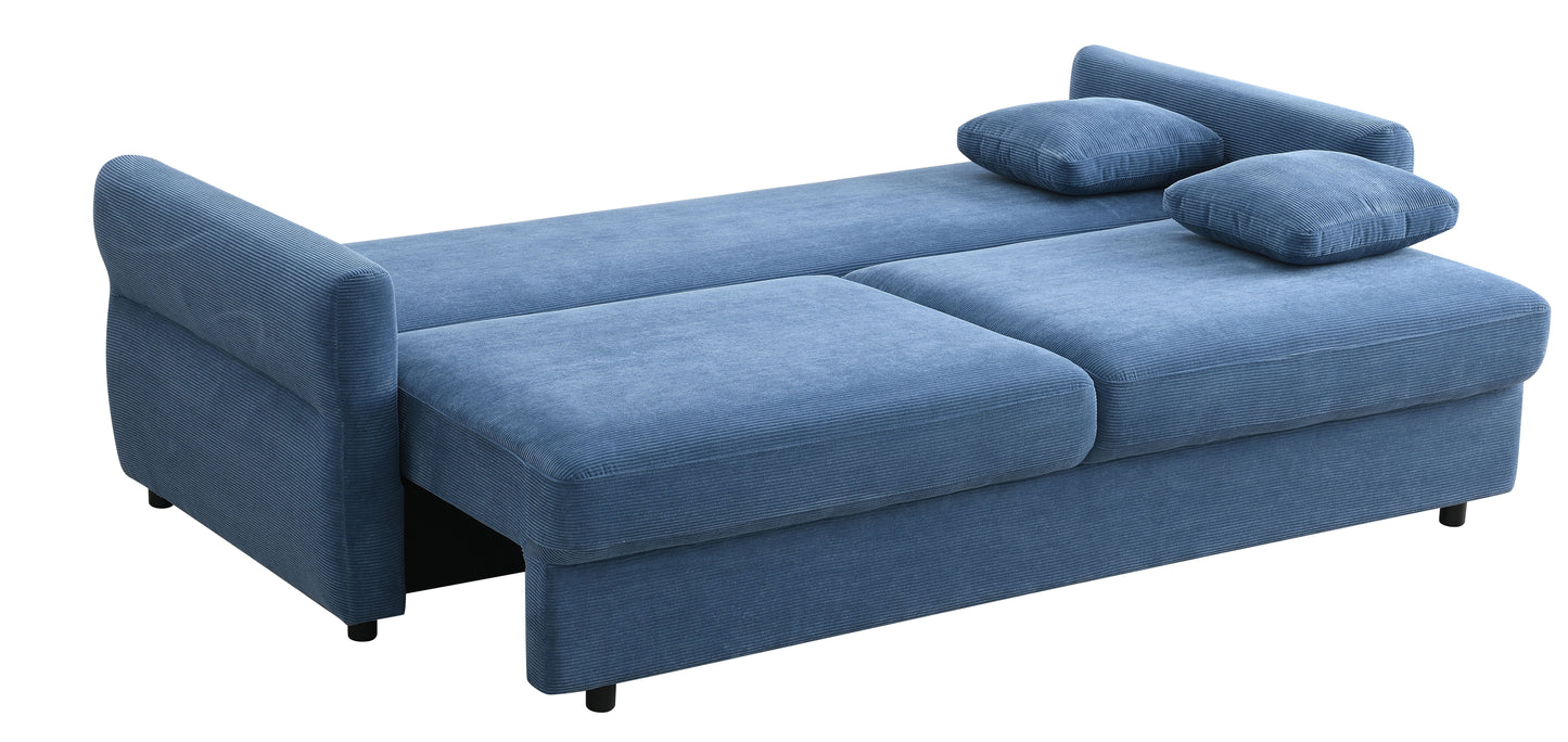 The Haran Pull Out Sleeper Sofa With Storage is a blue sofa bed featuring two matching cushions, a textured fabric design, and small black legs.