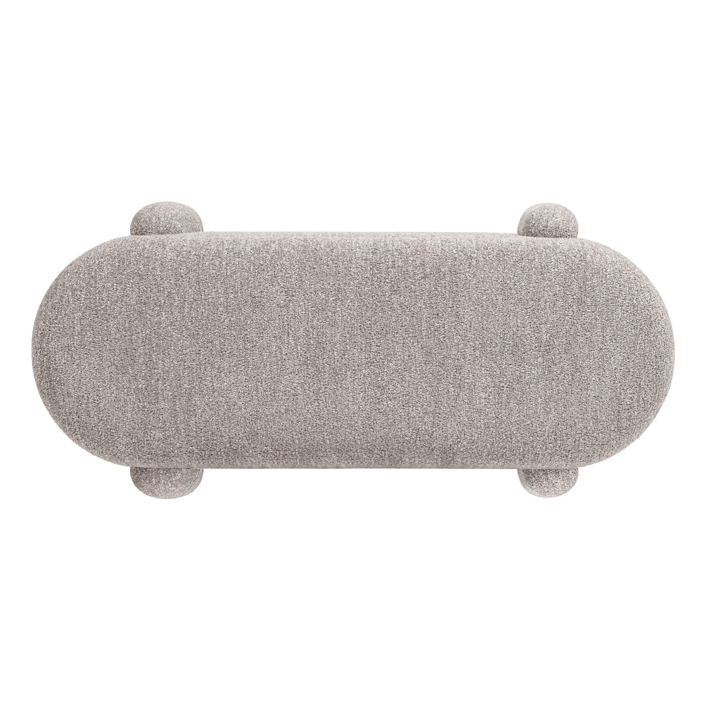 Top view of the Hugo - Oval Fully Upholstered Storage Bench in light gray, featuring a smooth, minimalist design with four rounded feet and plenty of storage inside.