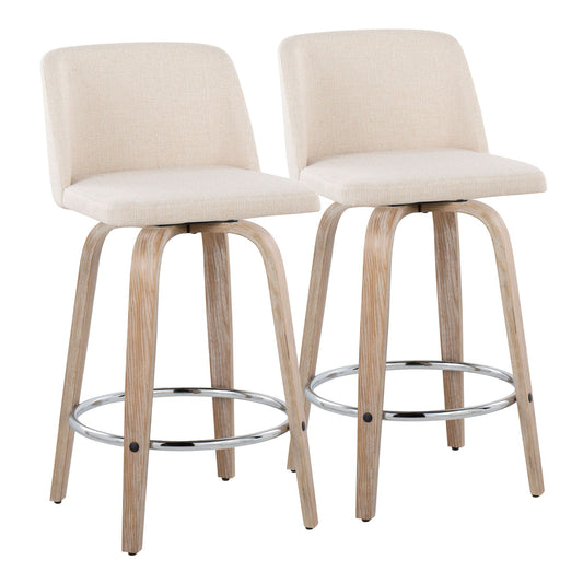 The Toriano set includes two contemporary fixed-height counter stools with swivel seats, round chrome footrests, light beige upholstery, and curved wooden legs, shown against a white background.