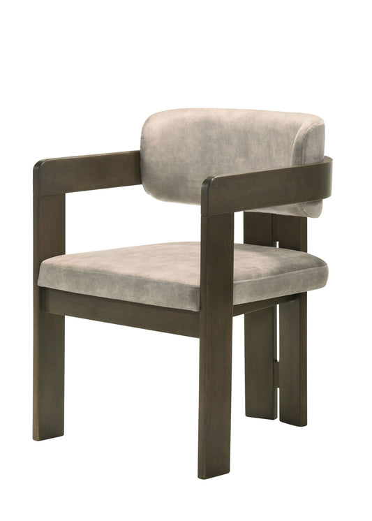 The Destin Polished Microfiber Side Chair Set features light gray cushioned seats and backs, complemented by a dark wood frame with straight lines and rectangular armrests.